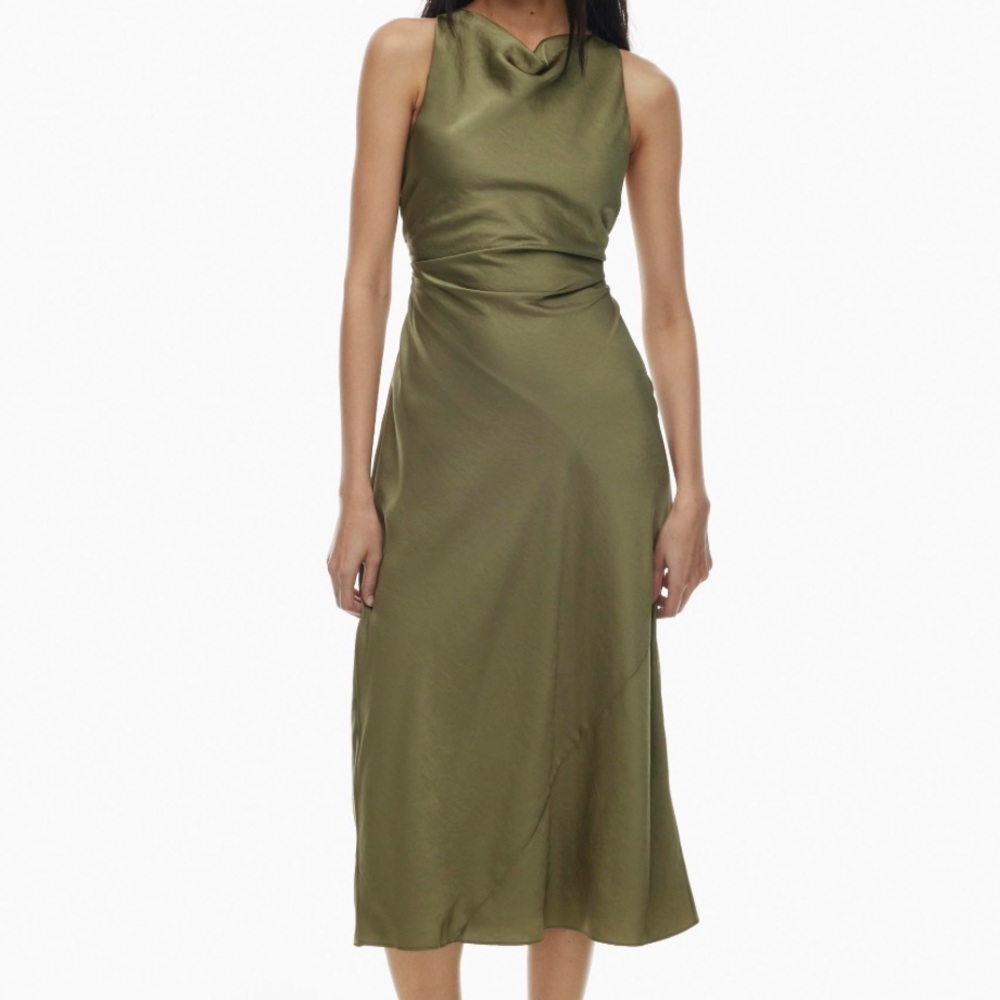 Aritzia Olive Green Satin Midi Dress